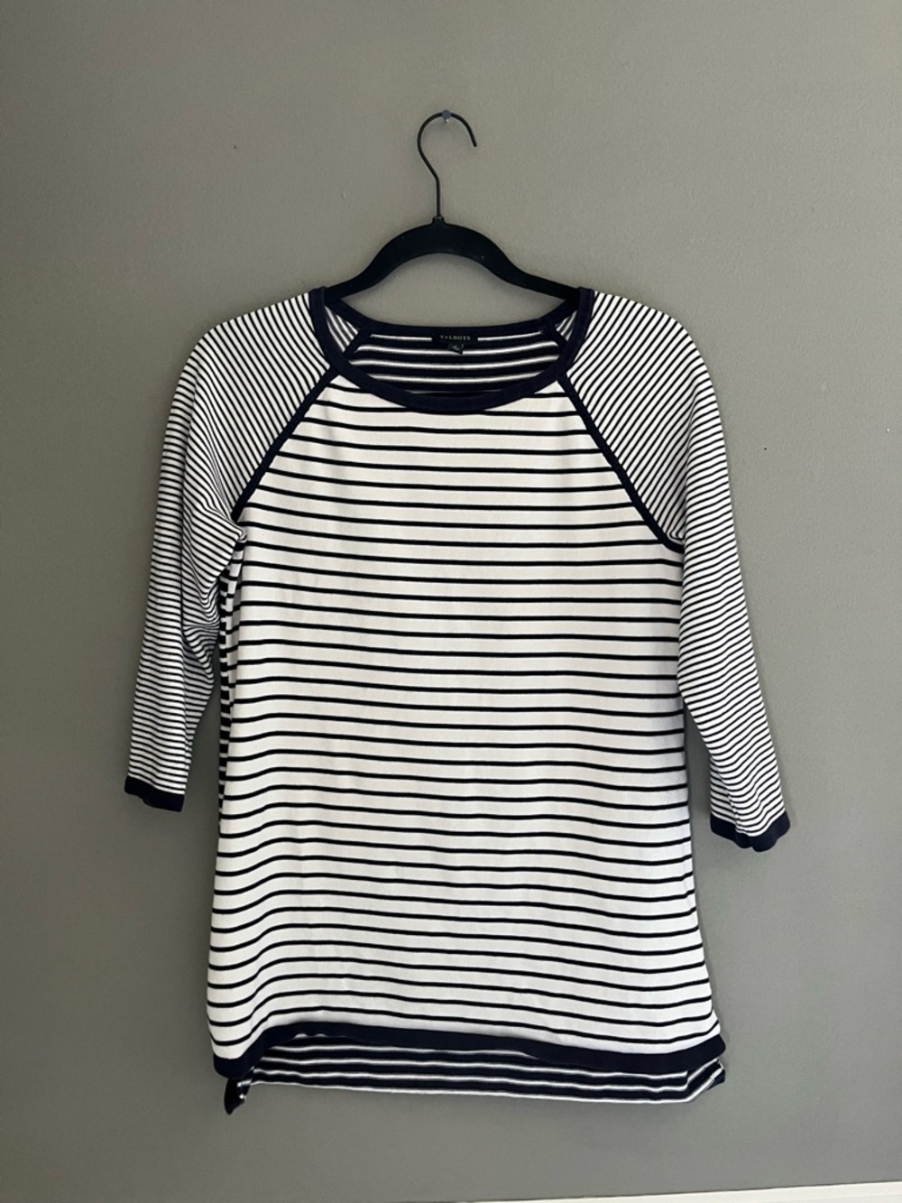 Talbots Black & White Striped Raglan Tee Classic Fit Preppy Nautical Small